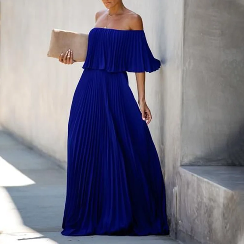 Flat Shoulder Fashion Pleated Solid Color Dress
