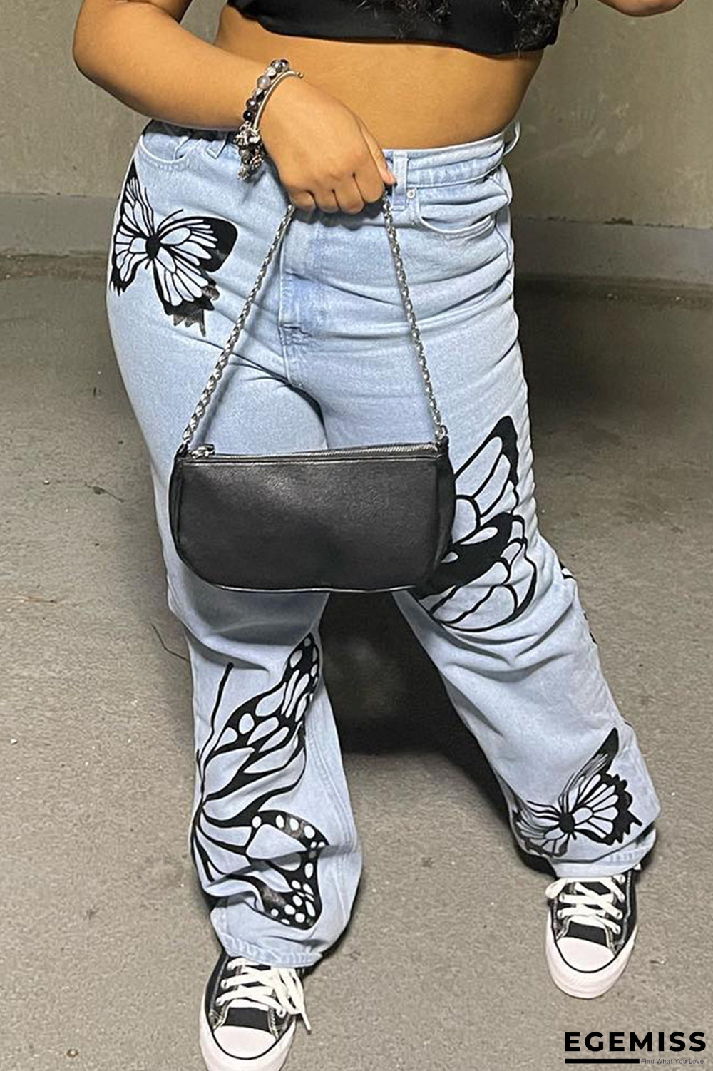 Baby Blue Fashion Butterfly Print Patchwork Mid Waist Straight Denim Jeans | EGEMISS