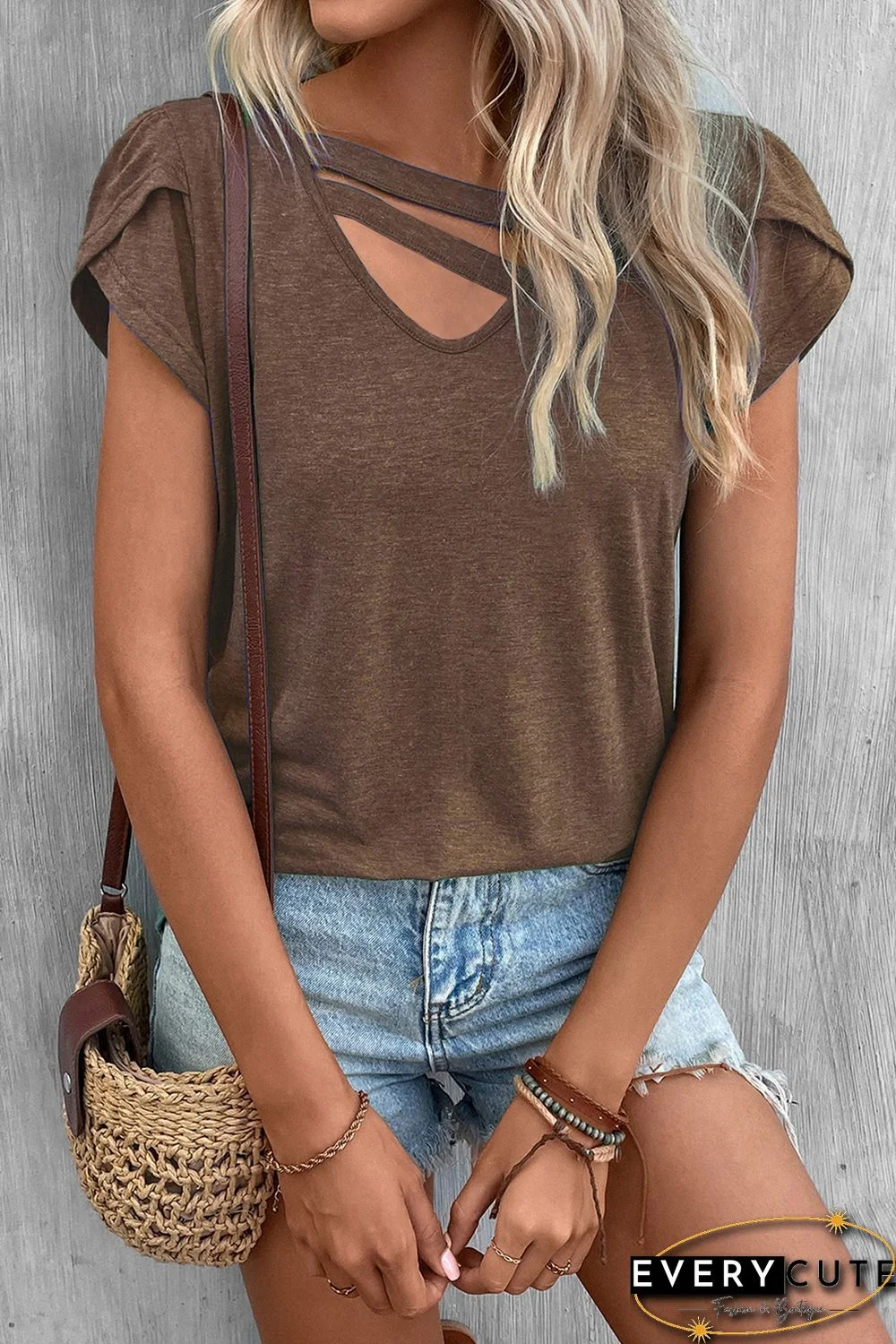 Brown Strappy V Neck Overlap Short Sleeve Top