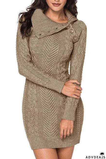 Asymmetric Buttoned Collar Brown Bodycon Sweater Dress