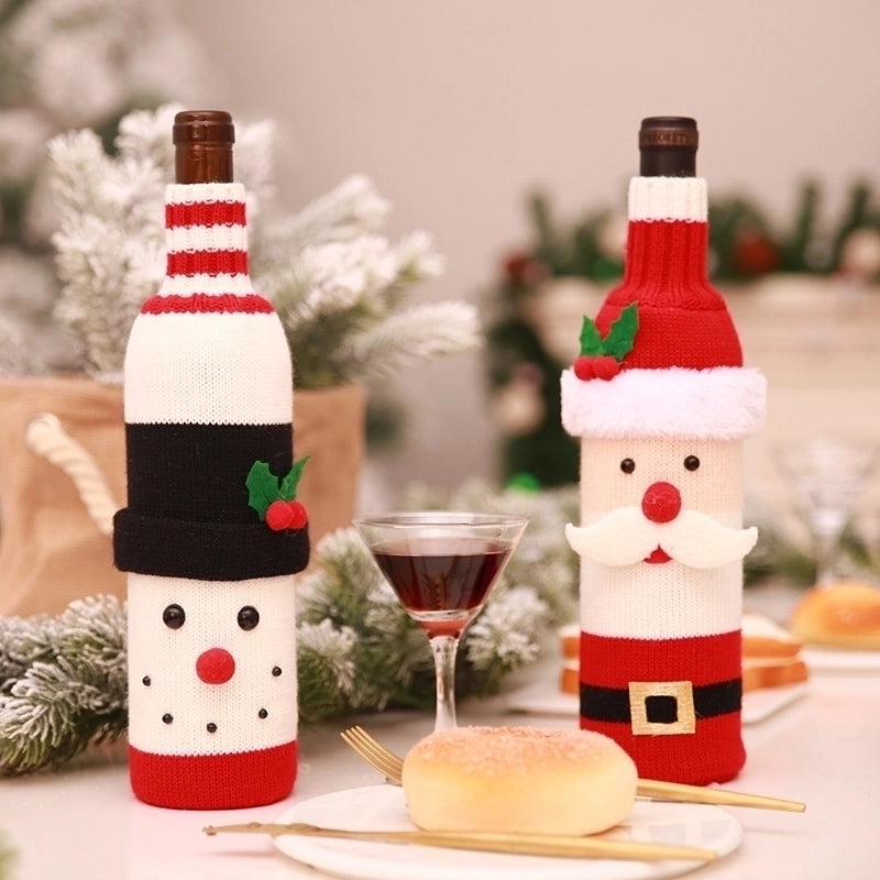 Christmas Cute Santa Claus Snowman Knit Party Bottle Cover