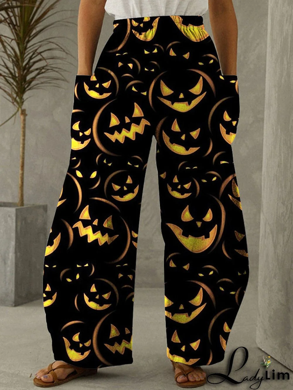 Halloween Bat Pumpkin Casual Pocket Wide Leg Pants