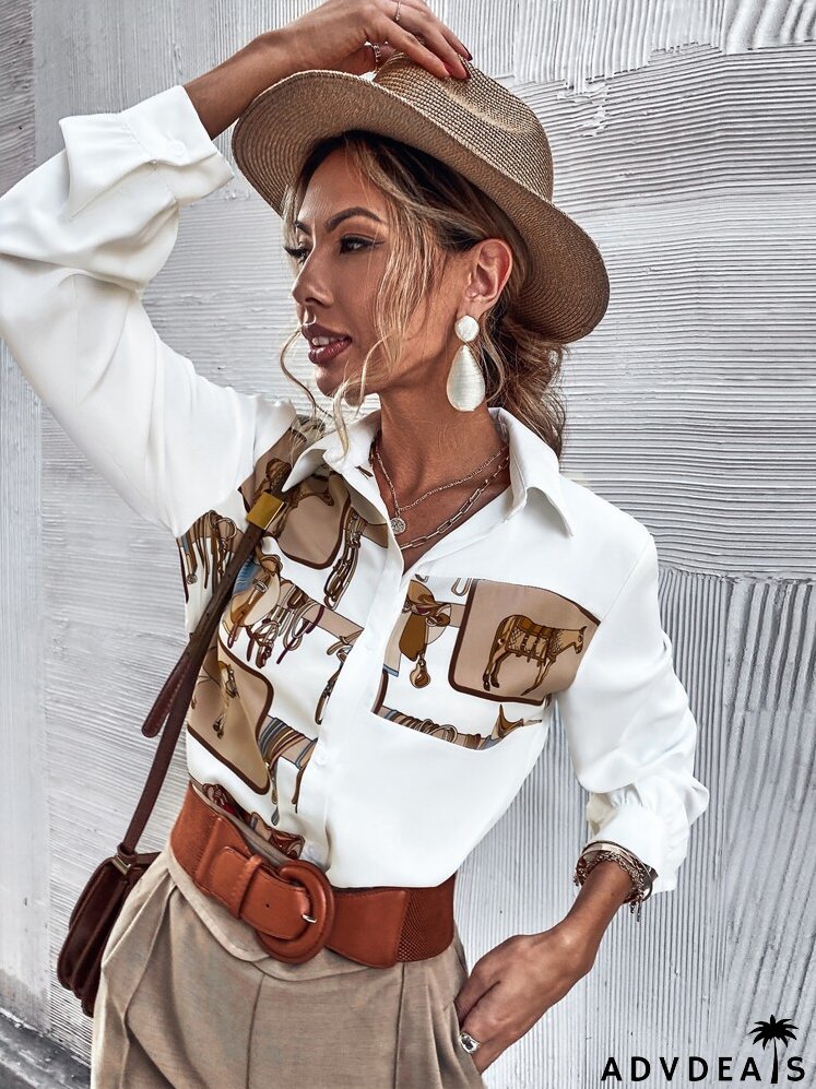 Button Front Horse Print Blouse