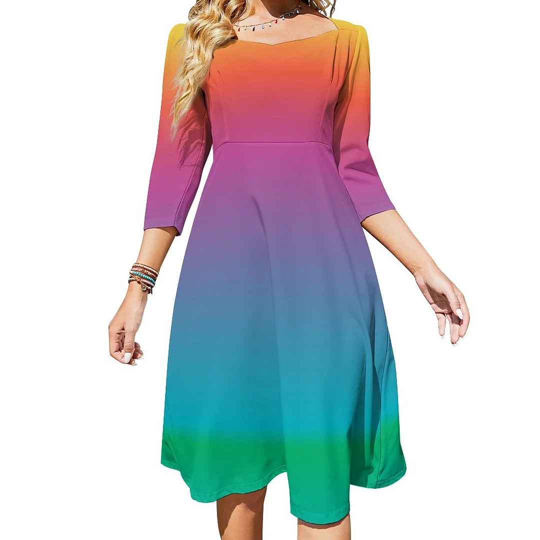Colorful Girly Cute Rainbow Ombre Multicolored Dress Sweetheart Tie Back Flared 3/4 Sleeve Midi Dresses