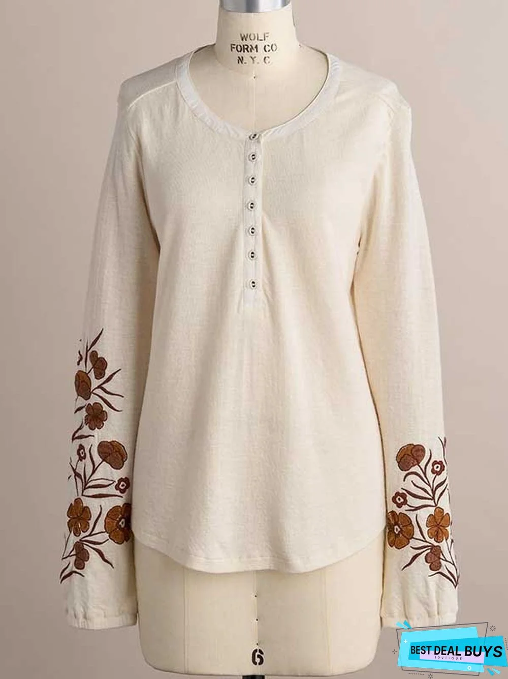Cotton-Blend Casual Embroidery Floral T-Shirt