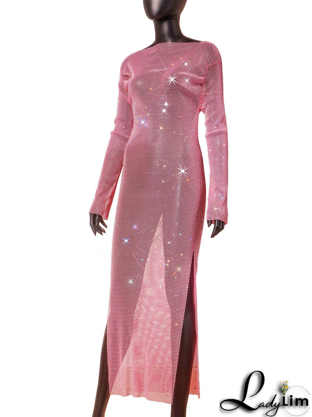 Women's Side Slit Party Night Round Neck Long Sleeve Sparkly Beaded Maxi Dress