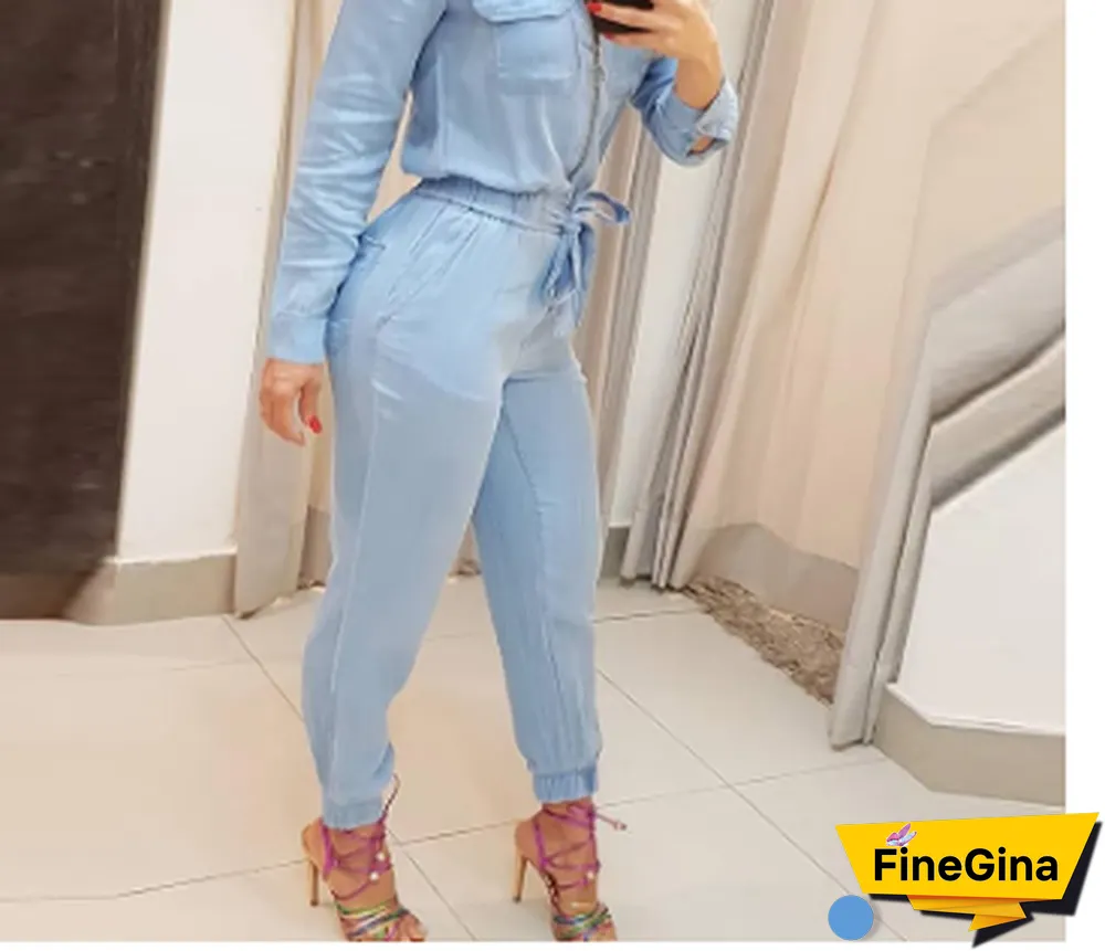 Female Long Sleeve Slim Fit Lace Up Waist Jumpsuit Casual Jumpsuits