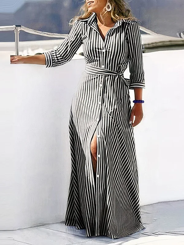 Tied Waist Striped Buttoned Loose Long Sleeves V-neck Shirt Dress Maxi Dresses