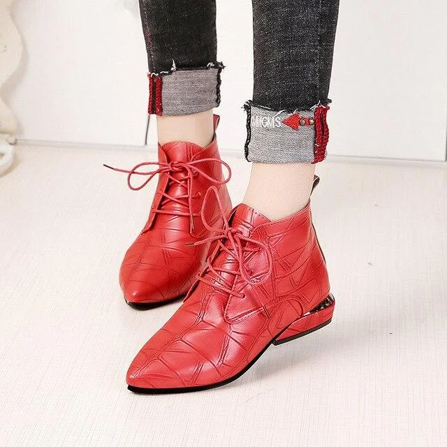 Pointed Toe Square Heel Women Boots Fashion High Heels Ankle Boots Lace Up Leather Rubber Shoes