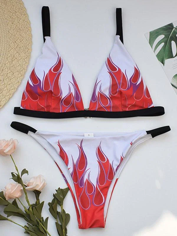 Flame Print Triangles Split Bikini Swimsuit