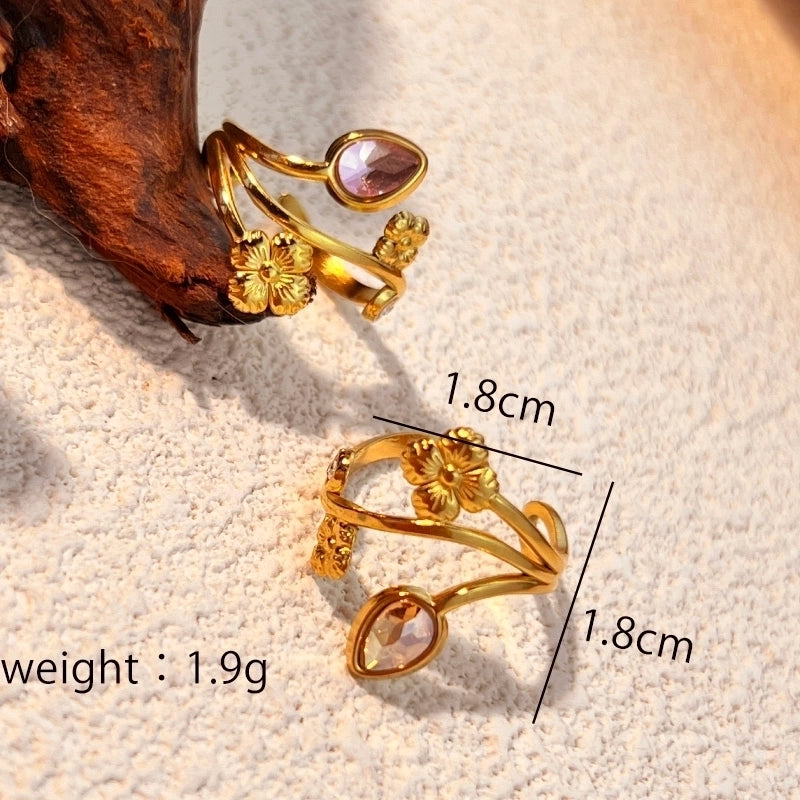 Casual Retro Classic Style Flower 304 Stainless Steel Zircon 18K Gold Plated Plating Open Rings