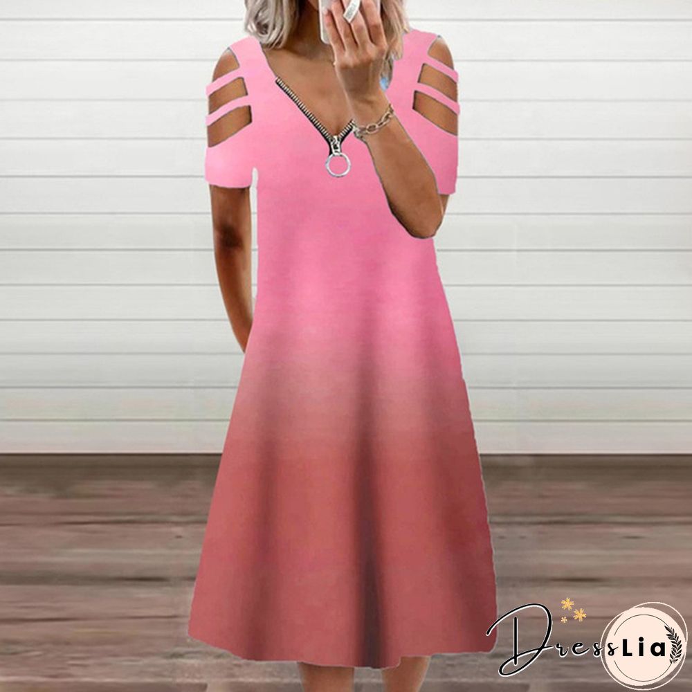 Xs-5Xl Summer New Casual Short-Sleeved Zipper V-Neck Dress Women's Loose Plus Size Dress Fashion Long Skirt