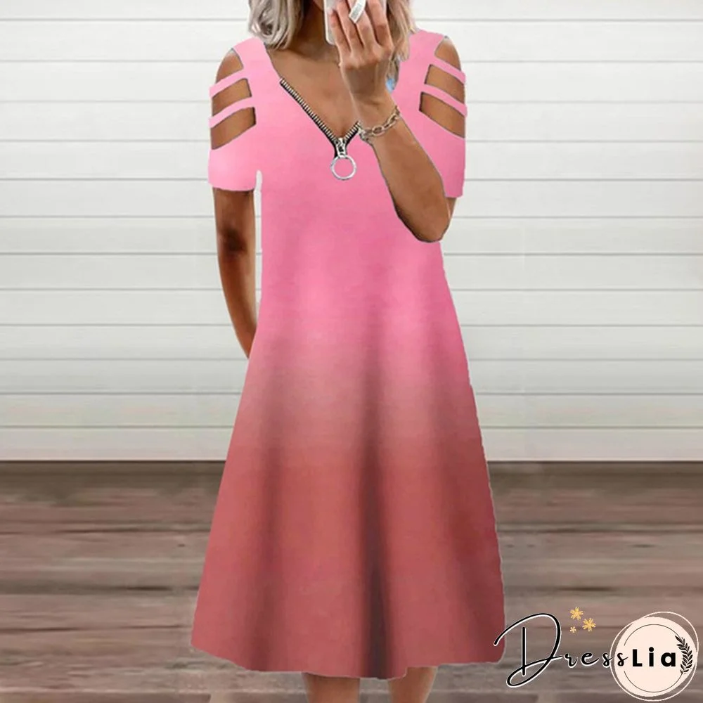 Xs-5Xl Summer New Casual Short-Sleeved Zipper V-Neck Dress Women's Loose Plus Size Dress Fashion Long Skirt
