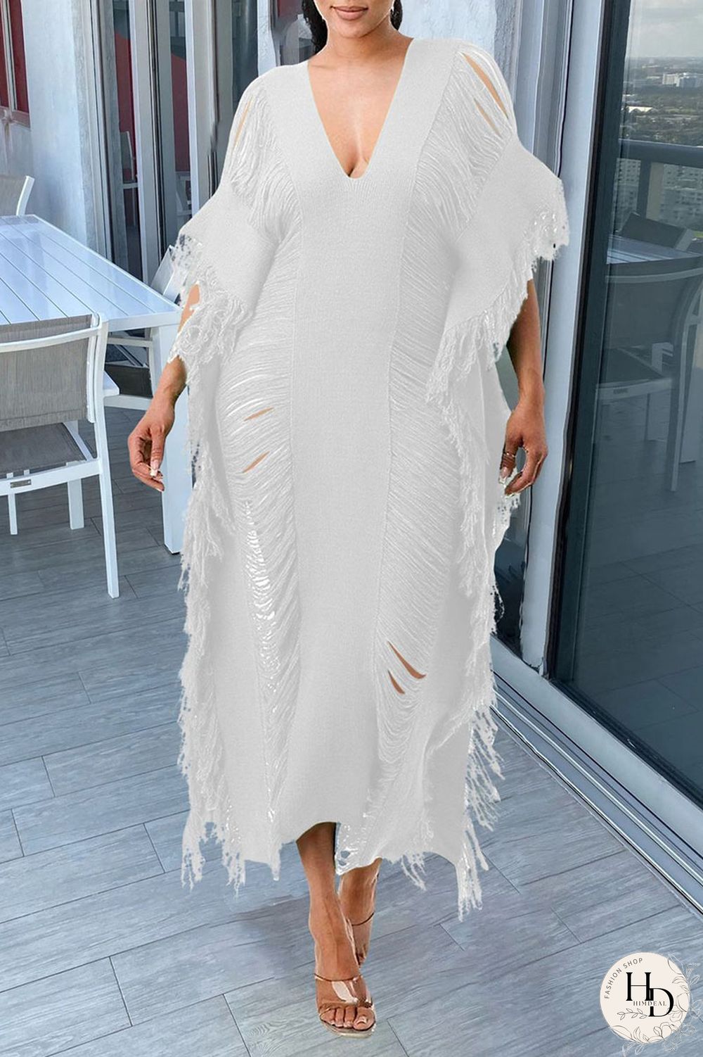 White Sexy Solid Tassel Hollowed Out Patchwork V Neck Beach Dress Dresses