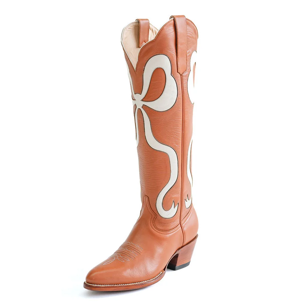 Orange & White Bow Inlay Cowgirl Boots with Chunky Heels