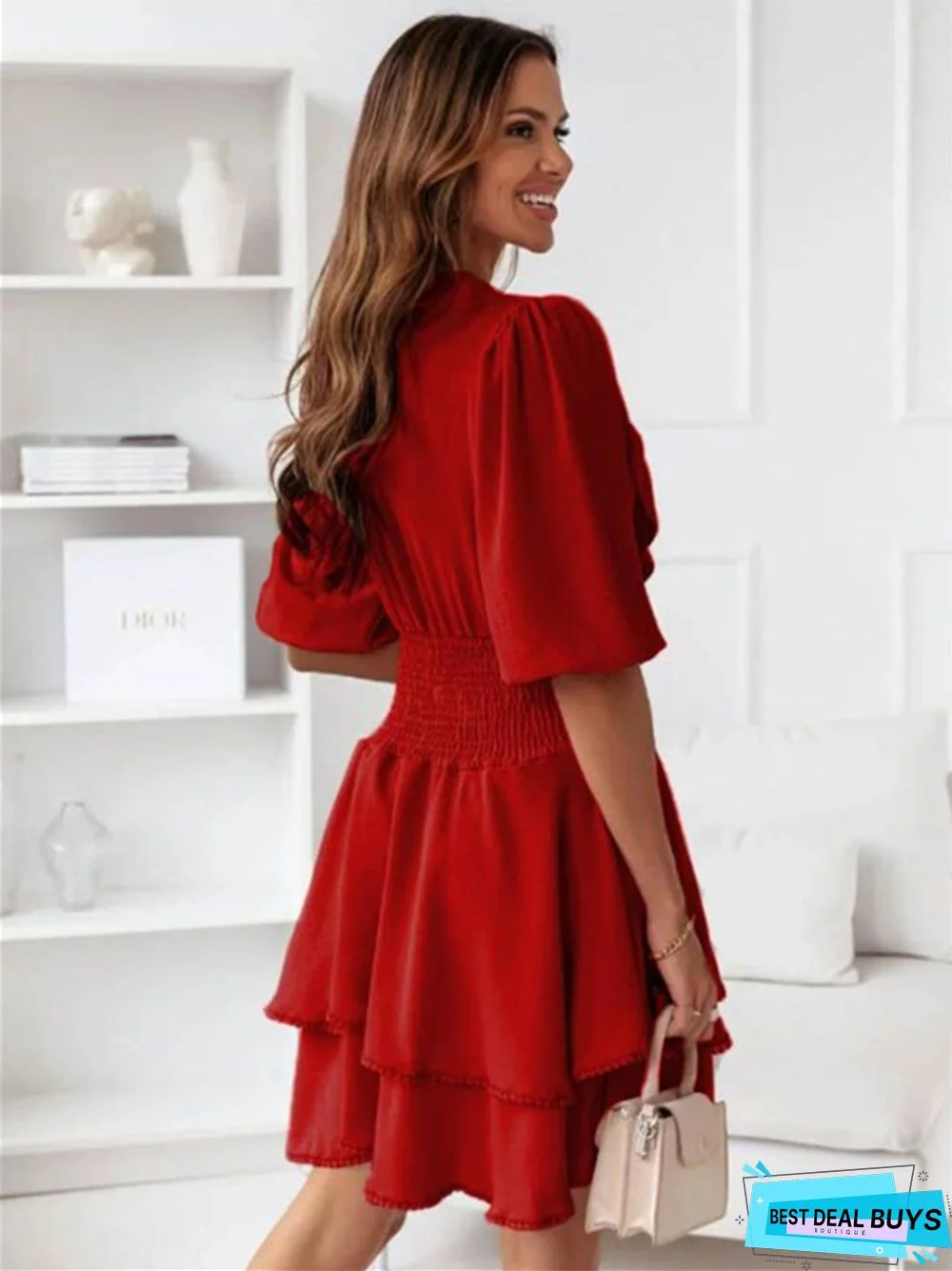 V-Neck Solid Color Ruffled Waist Short Sleeve Dress