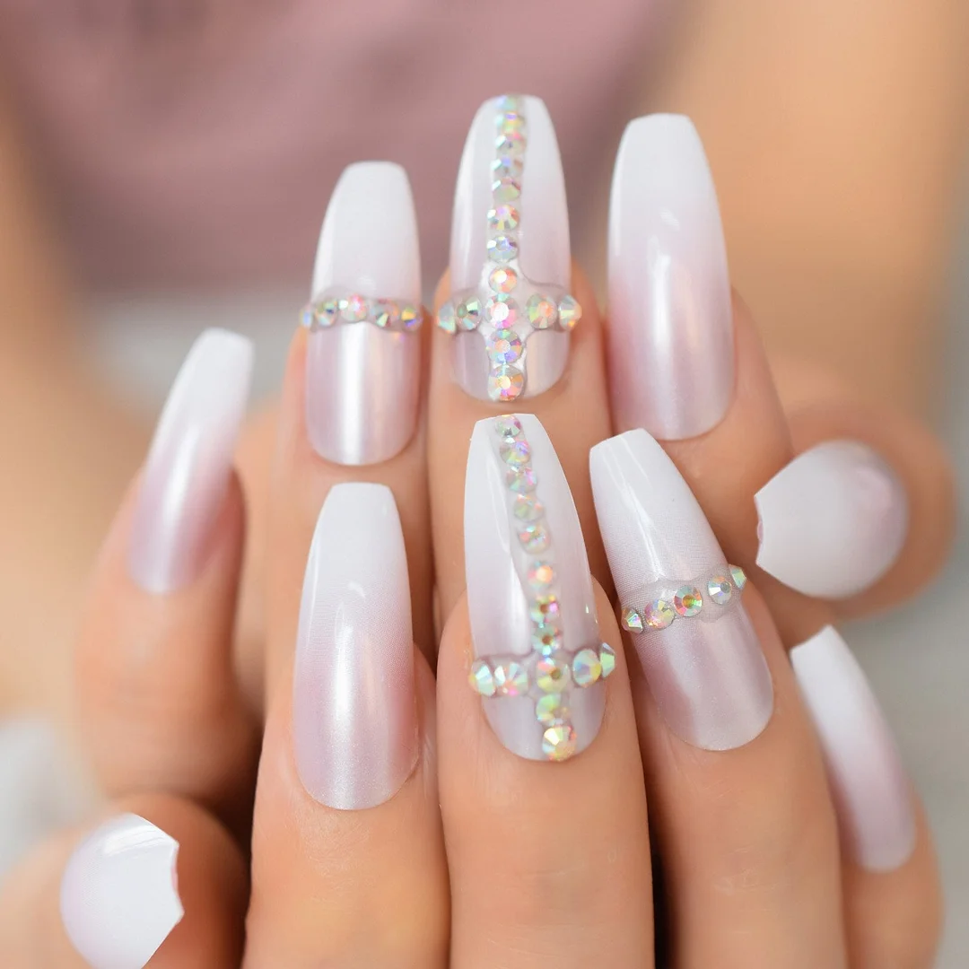 Hookah Tips Nail Press On Nail With Fake Rainbow Diamond Rhinestone Full Cover Supplies For Professionals Medium Almond Sharpset-Nail Inspo