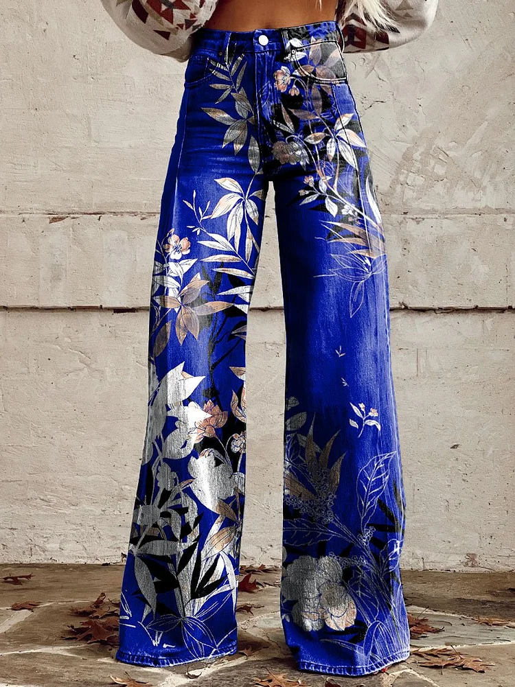 Women's Vintage Flower Print Casual Wide Leg Pants