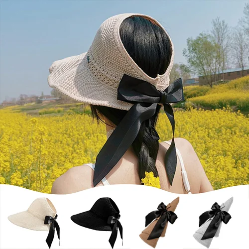 Wide Brim Roll-up Foldable Sun Cap with Wind Lanyard & Bow-Knot