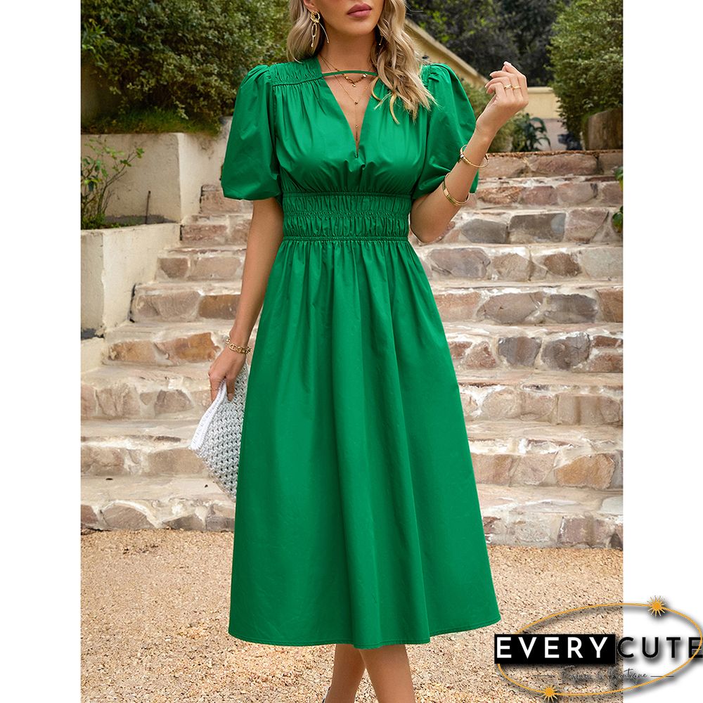 Green Solid V Neck Pleated Waist Midi Dress