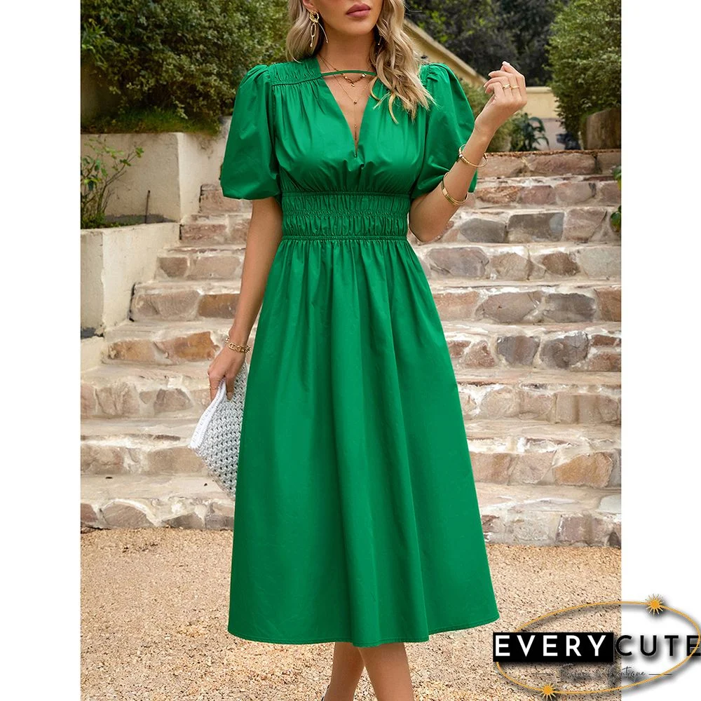 Green Solid V Neck Pleated Waist Midi Dress