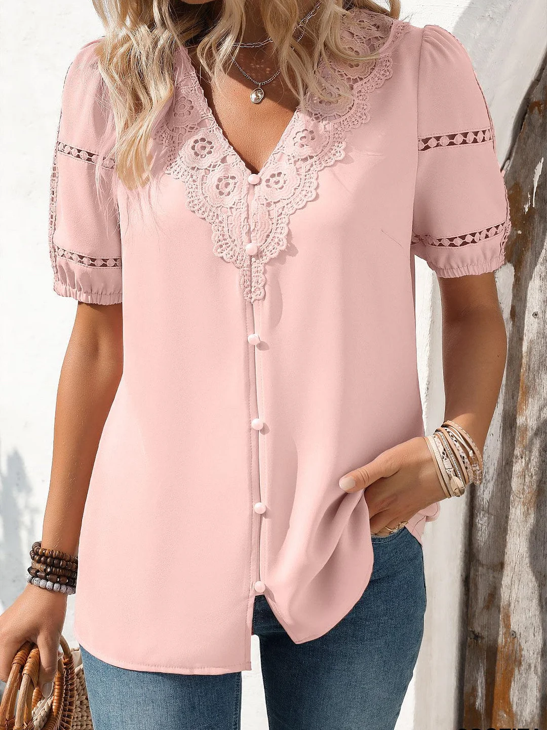 Women Short Sleeve V-neck Solid Lace Button Tops