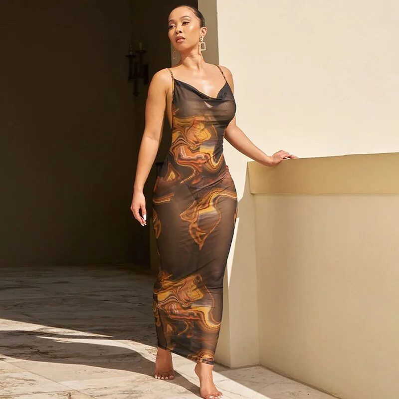 Dulzura Tie Dye Print Women Mesh Strap Maxi Dress Backless Bodycon Sexy See Through Y2K Aesthetic Clothes Club Party Vacation