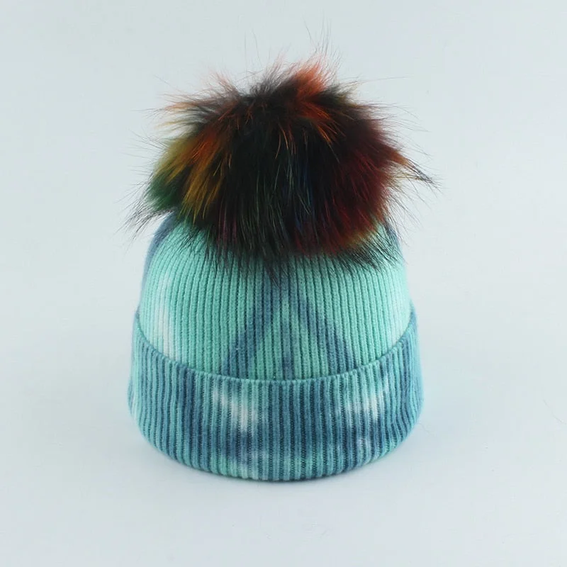 2021 New Fashion Winter Thicken Knitted Hats Warm Real Racoon Fur Pompom Unisex Beanie Tie-dyed Cap Adults Head Cover