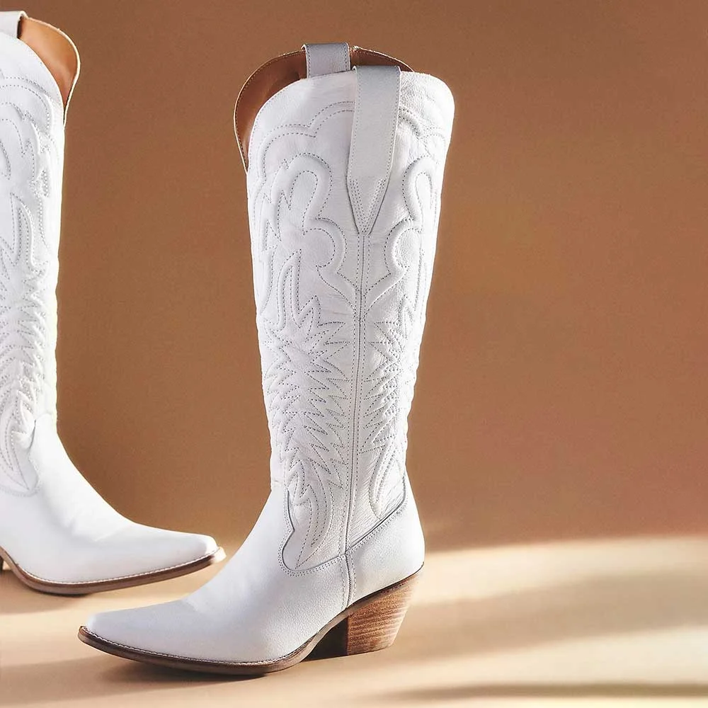 Embossed Snip Toe Stacked Heel Western White Below The Knee Boots