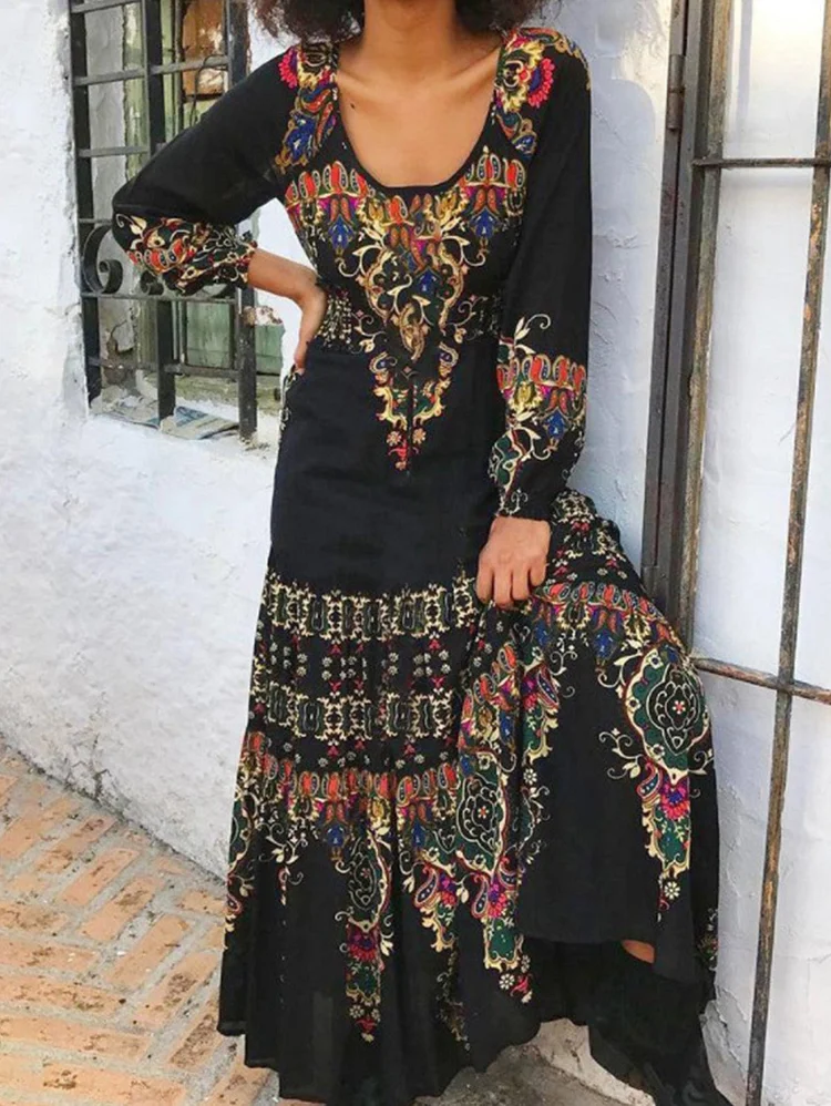 Ethnic Printed Long Sleeve Casual Maxi Dress