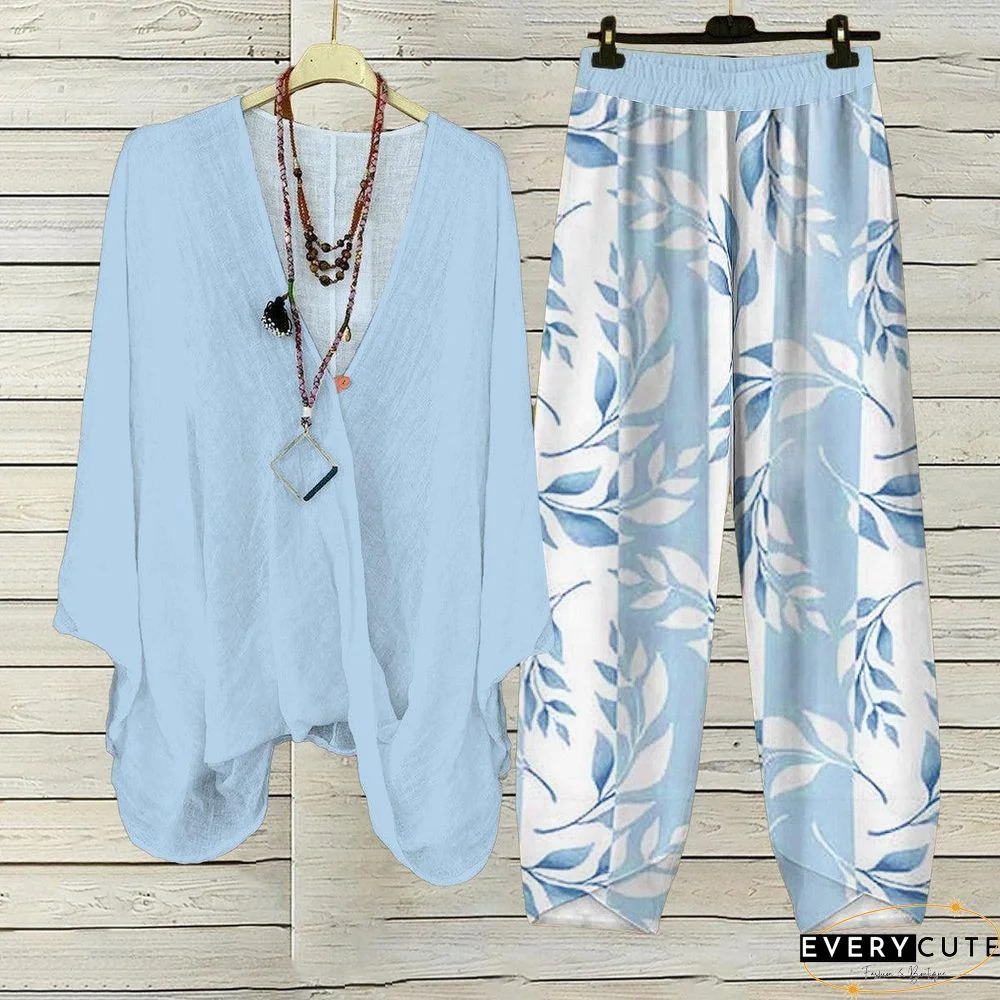 Fresh Blue V Neck Long Sleeve Two Piece Set