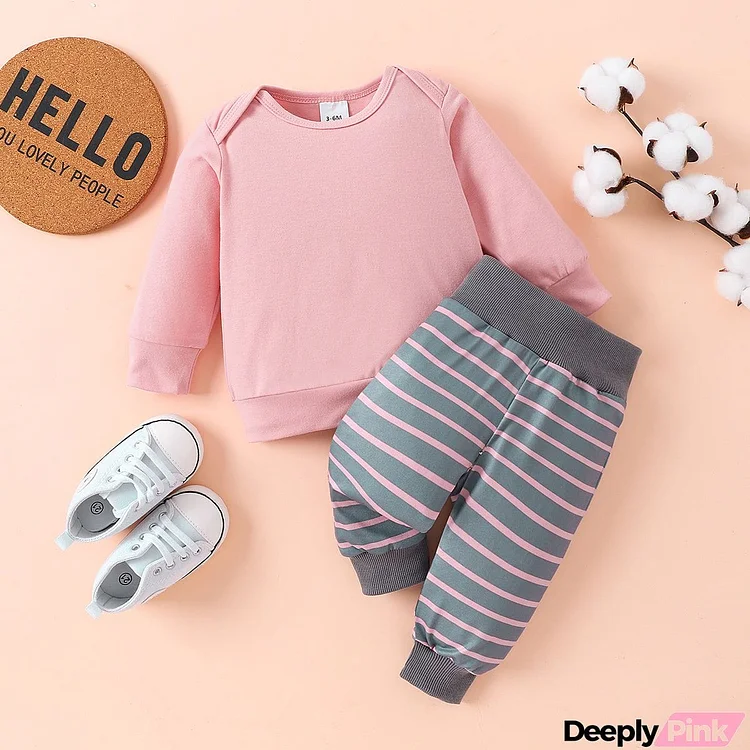 Round Neck Long Sleeve Tee and Stripe Pants Set