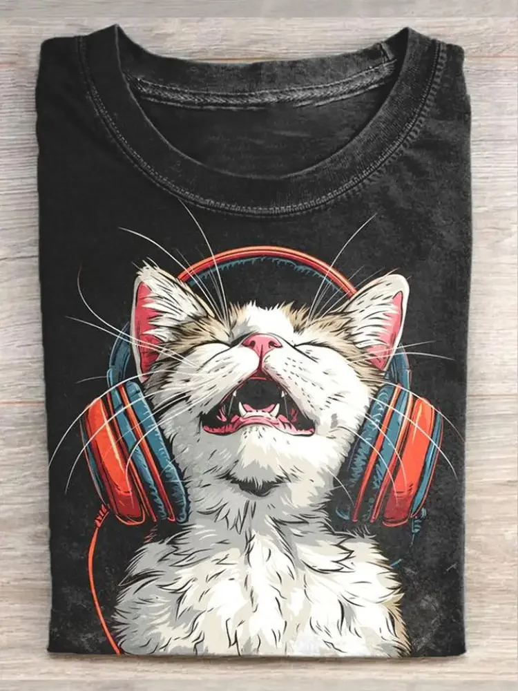 Unisex Funny Cat Illustration Print Casual Short Sleeve T-shirt Eagerlys