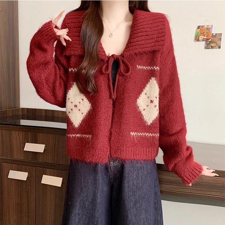 Athvotar Athvotar Atmosphere Feels Small Korean Linge Collar With Sweater Women Winter Lazy Wind Loose Soft Knitted Open Shirt