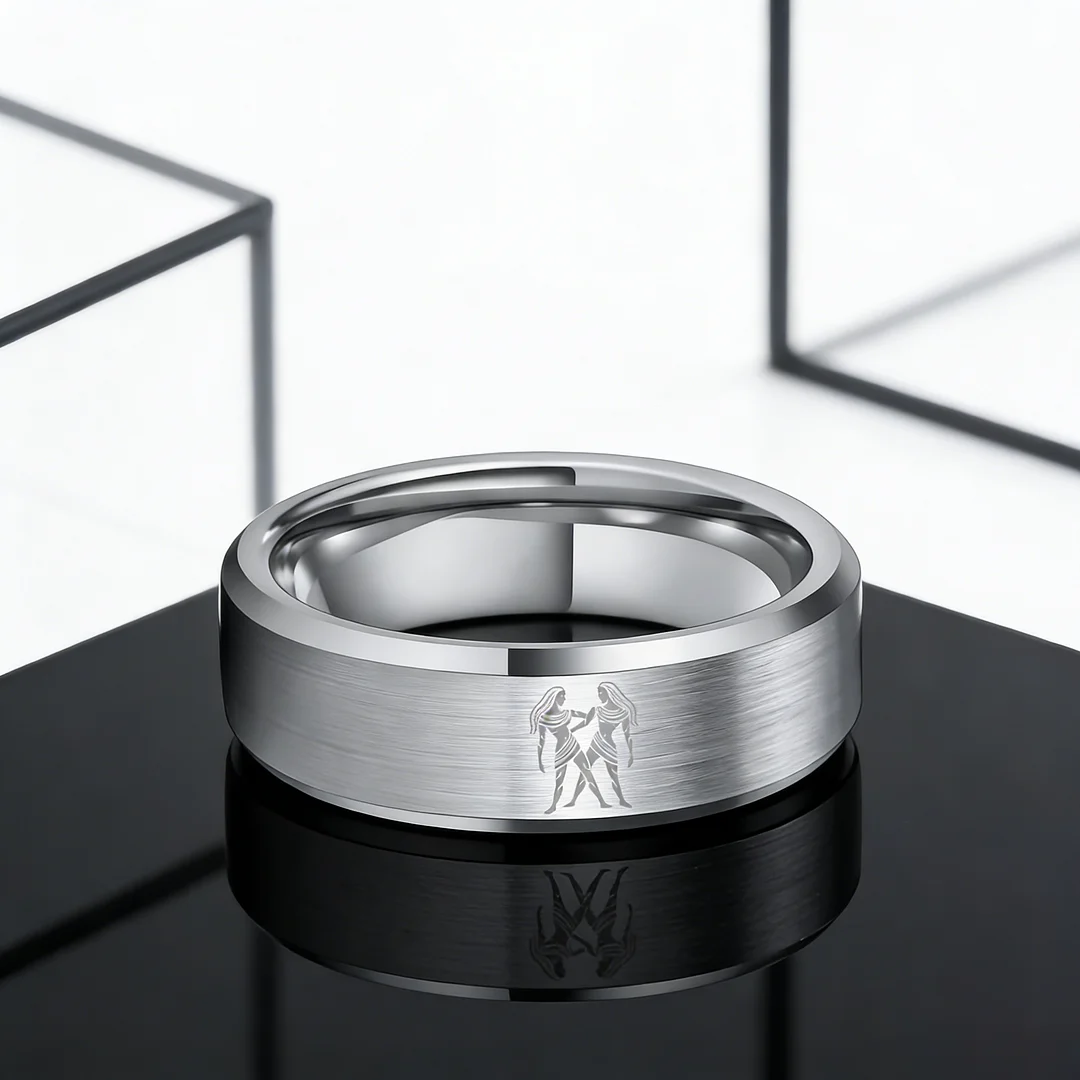 Sliver Gemini Tungsten Carbide Rings Beveled Edges Sliver Laser Etched Couple Wedding Bands 4MM 6MM 8MM