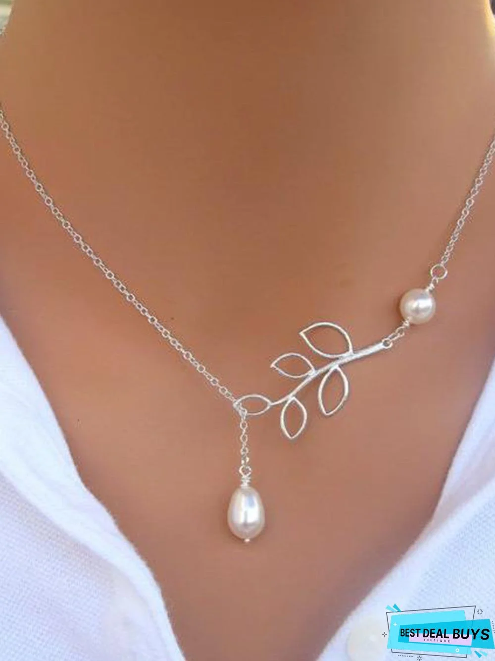 New Chic Fashion Vintage Leaf Pearl Necklace