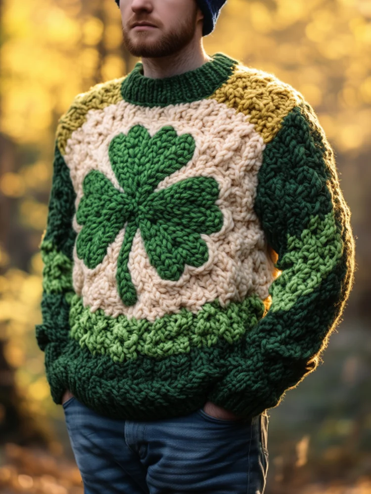 Utbros Irish Shamrock Pattern Men's Hand Knit Sweater