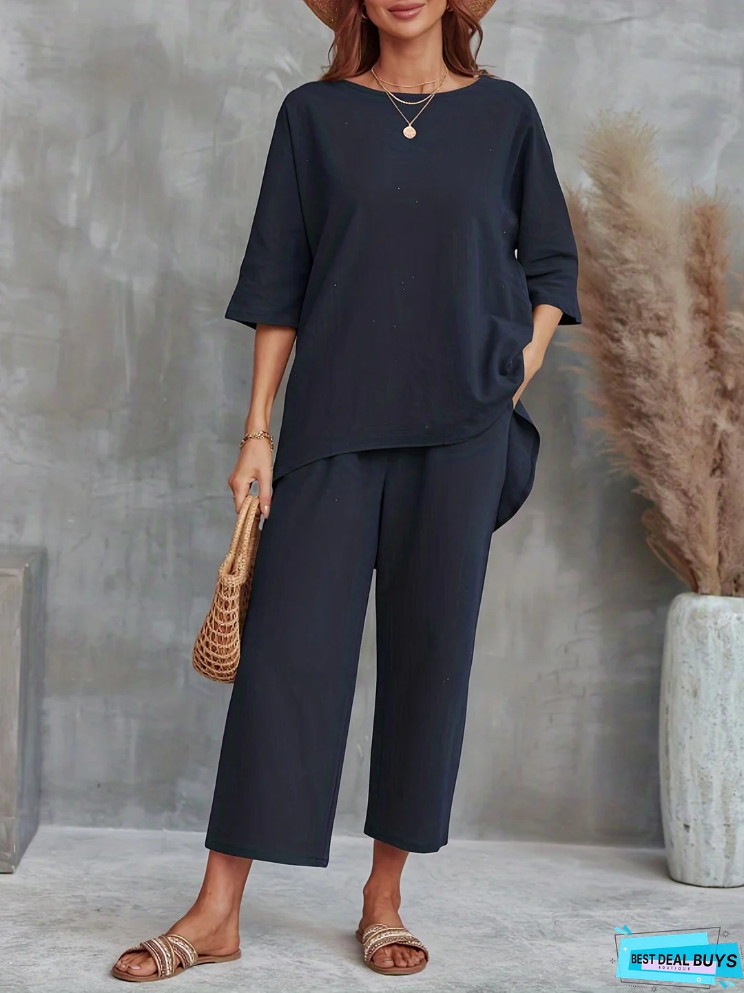 Solid Casual Two-piece Set, Crew Neck Half Sleeve Tee & Wide Leg Pants Outfits, Women's Clothing