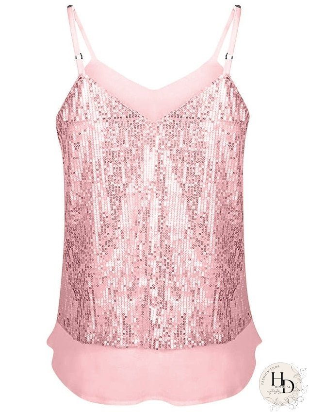 Camisole Tank Top Vest Black White Yellow Sparkly Sequins Layered Sleeveless Stage Streetwear Sexy V Neck Regular S for Women