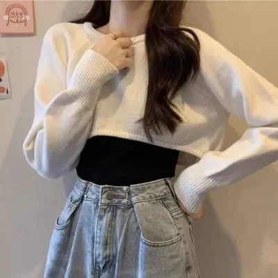 Uveng Uveng Knitted Jersey Women's Spring And Autumn 2023 New High-Waist Half-Sleeved Laziness Sweater Hoodie