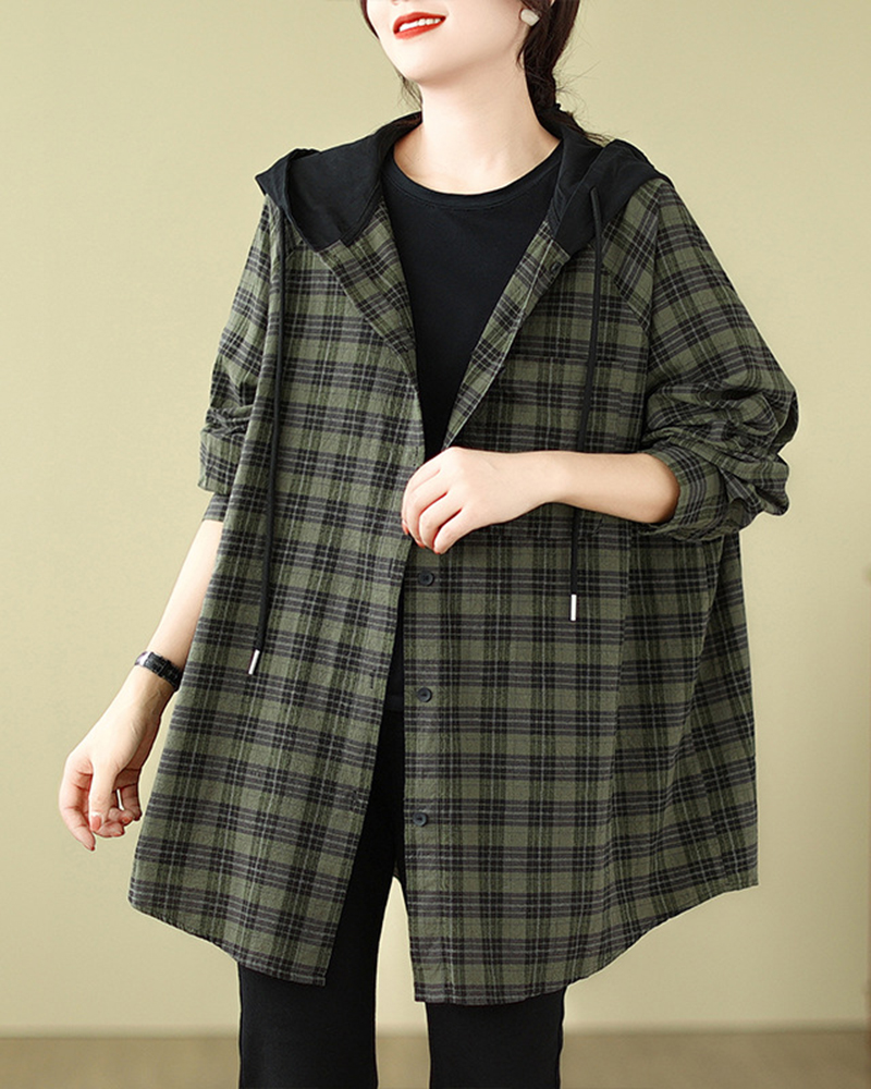 Green And Black Checkered Long Sleeve Hooded Cardigan