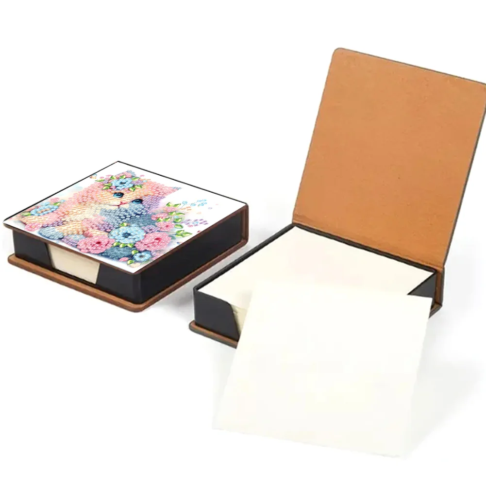 DIY Flower Cat Leather Diamond Art Note Box with 160 Sheets of Paper for Beginners