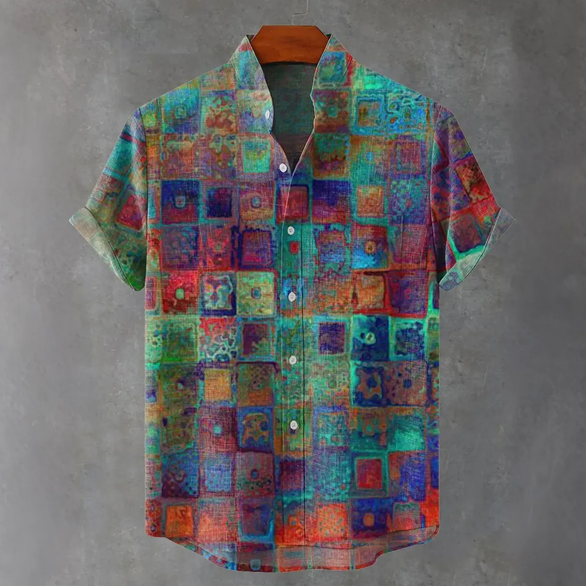 Men's Vintage Pattern Design Linen Blend Short-sleeve Shirt  artssus