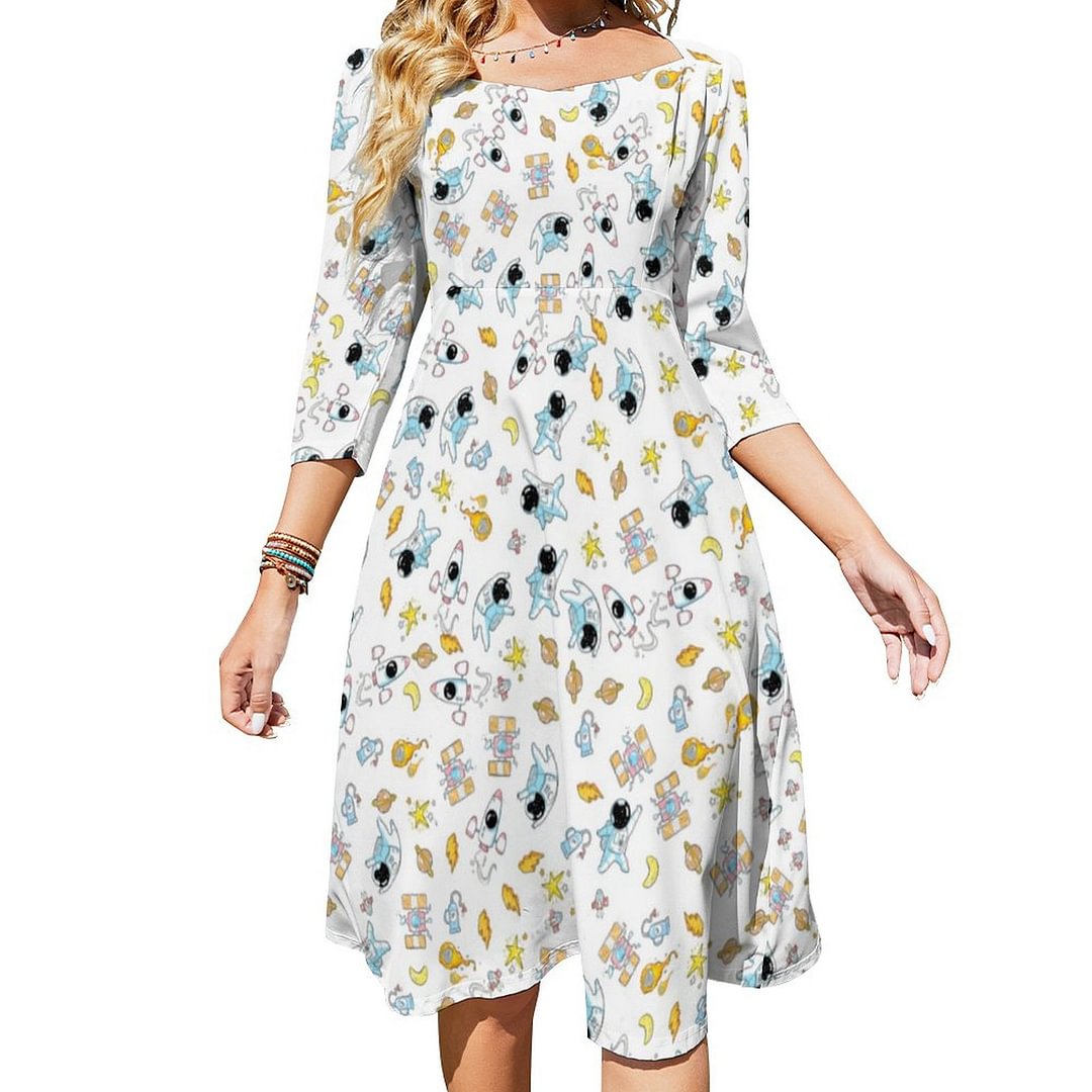 Astronaut Theme In Space Dress Sweetheart Tie Back Flared 3/4 Sleeve Midi Dresses