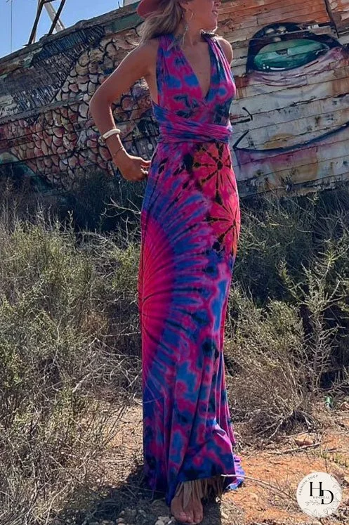 Meridress V Neck Criss Cross Backless Tie Dye Maxi A-line Dress