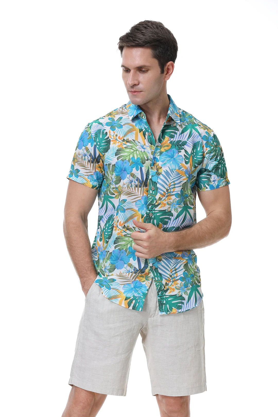 Men's Aloha Beach Shirt White Leaf Alex Vando Fashion