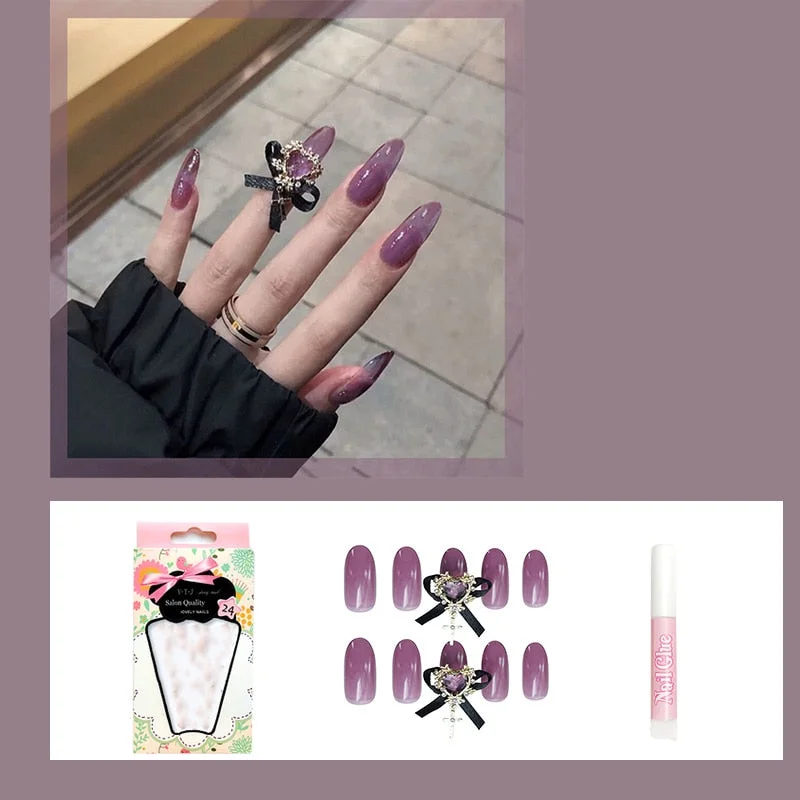 24pcs decorated false nails Transparent purple bow with long round head falis nails Manicure patch acrylic nail tips-Nail Inspo