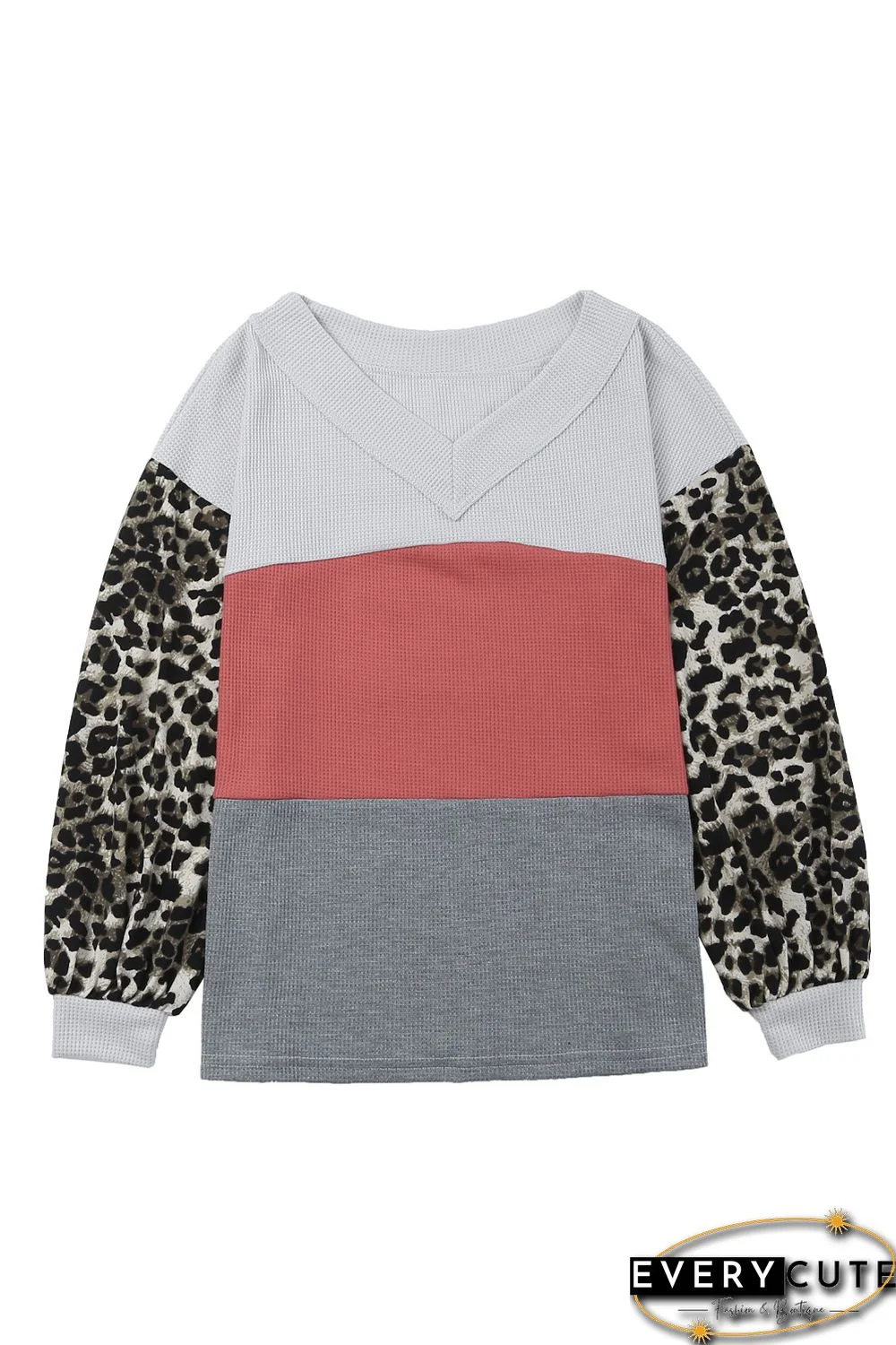 Red Wild Leopard Contrast Sleeve Colorblock Waffle Knit Top