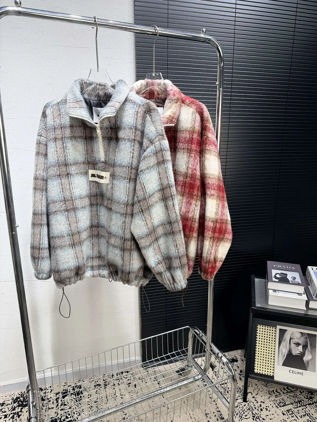Jil sander jacket, plush wool blend, vintage plaid half zipper