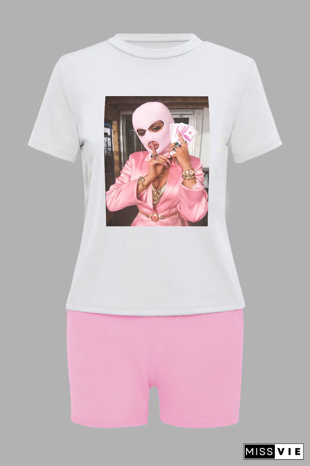 Pattern Print Short Sleeve T Shirt Biker Shorts Suit